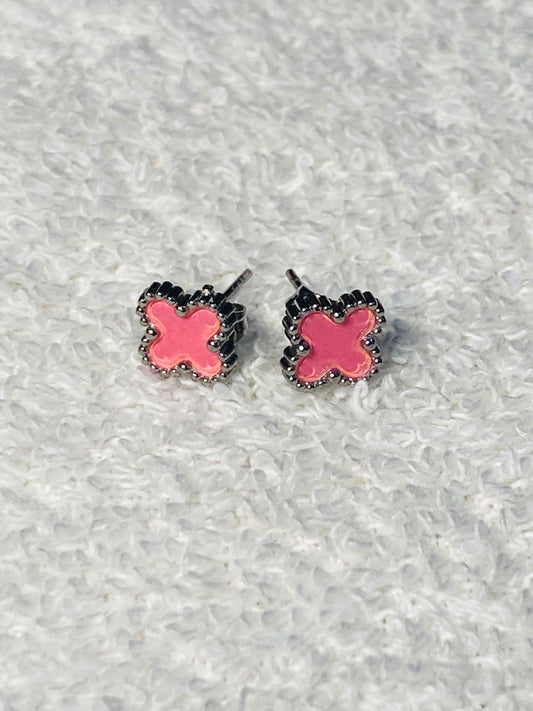 Silver Plated Pink Clover Stud Earrings