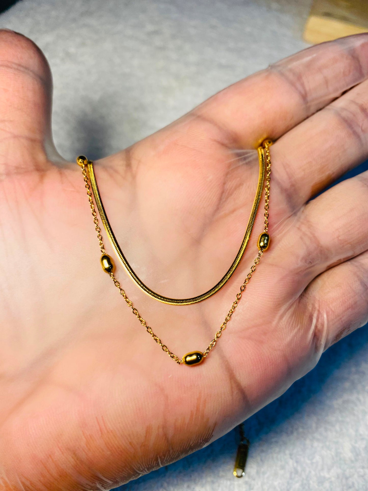 18K Gold Plated Double Layered Snake & Bead Chain Necklace (Anti-Tarnish)