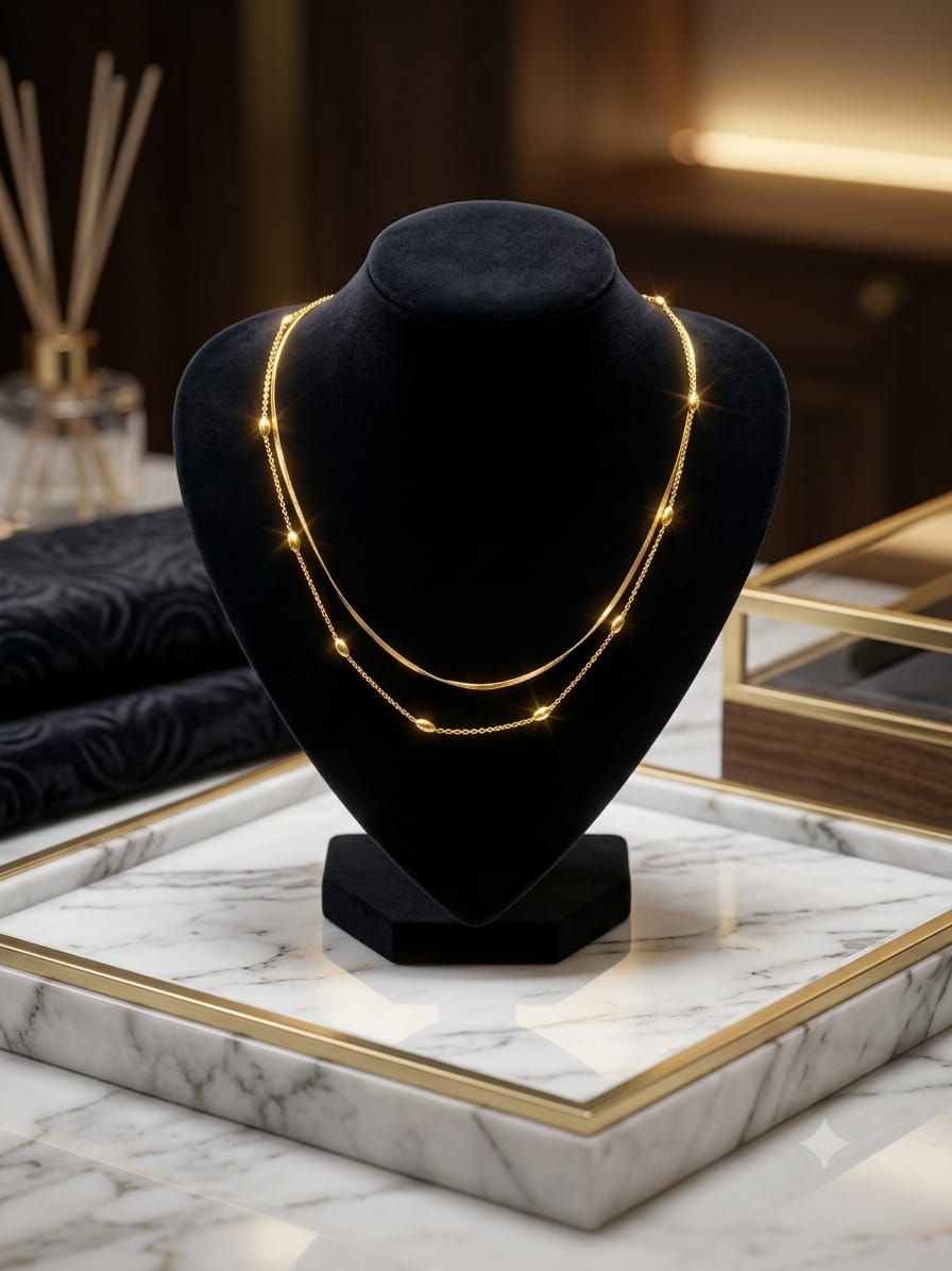 18K Gold Plated Double Layered Snake & Bead Chain Necklace (Anti-Tarnish)