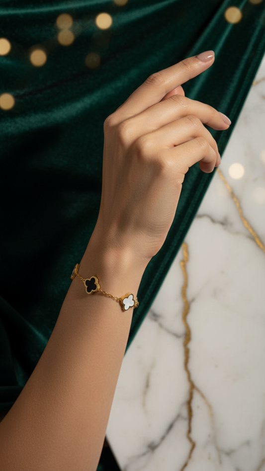 Dual-Tone Clover Charm Bracelet – Gold, Black & Mother of Pearl